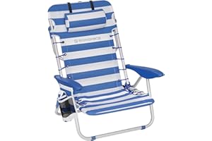 ‎SONGMICS SONGMICS Strandstuhl, Campingstuhl, faltbar, mit Schultergurt, verstellbare Rückenlehne, Kopfstütze, Armlehne, 2 Seitentaschen, Blau und Weiß GCB62BU