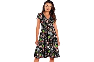 NetSetUK Womens Christmas Midi Dress Santa Xmas Reindeer Snowflake Gingerbread Tree Printed Novelty Swing Dress