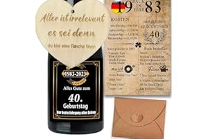 MKISHINE Geburtstag Flaschenetikett +Geburtstagskarte zum 40.+Holzschild Geburtstags 1983 Jahrgang Karte 40 Geburtstag Frau Weinflaschen selbstklebend 40 Lustiges Geschenk 40. Geburtstag für Männer & Frauen