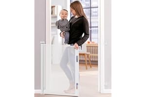 MONKRICT 0-140CM Retractable Stair Gate, Auto-lock Stair Gates for Baby for Dogs, Easy One-Handed Operation Dog Gate Baby Safety Gate for Stairs, Doorways, Hallways, White