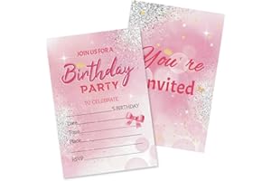 HOMANGA Birthday Party Invitations for Girls, 20Pcs Birthday Invitation Cards with Envelopes, Pink Party Invites for Kids, 10x15cm, Double-Sided