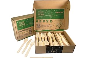 GOBETREE 200 Posate usa e getta in legno con 100 palettine da 14 cm per caffè, cucchiai, forchette e coltelli biodegradabili e compostabili, ideali per feste, barbecue, picnic e compleanni.