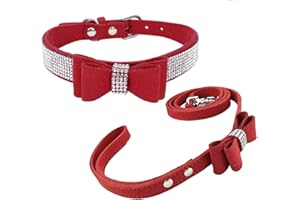 Newtensina Fashion Dog Collar and Lead with Bow Tie Bling Puppy Collar Leash with Bow for Dog - Red - XS