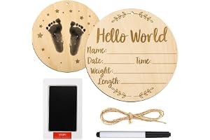 Bukela Baby Announcement Sign, Wooden Hello World Newborn Plaque with Ink Pad for Baby Hand Footprint, Personalized Birth Details Name Board Photo Prop Keepsake for Nursery Decor Baby Shower Gift