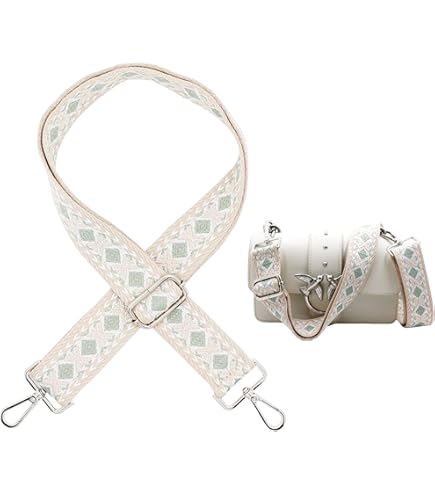 JZK Boheemse stijl groen-wit verstelbare brede polyester stoffen tas riem met clips voor handtas, schoudertas, crossbody tas, vervanging