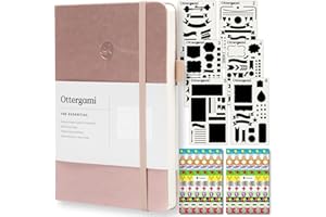 Ottergami Bullet Journal Pointillé A5, 200 Pages, Rose, Carnet de Notes 15 X 21cm, Essential Papier 100g/m² Contre Les Bavures, avec Élastique Pochoirs, Autocollants, Portestylo