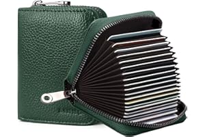 Goopai RFID 20 Card Slots Credit Card Holder Genuine Leather Accordion Card Case Small Wallet for Women or Men with Zipper (Dark Green)
