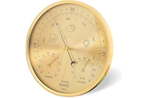 BUUMIN Barometer Thermometer Hygrometer 3-in-1 Wall Hanging,Ø17,5cm Aluminium Alloy Frame Weather Barometer with Glass Surface,Accurate Weather Station for Home Indoor Office Wall Decor (Yellow)