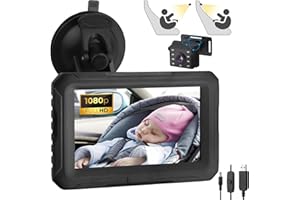 eSynic 1080P Cámara de Coche para Bebé con Pantalla de 4,3'' Cámara para bebés Visión Nocturna Clara Cámara de Asiento de Coche con 8LED y Un Soporte de Ajuste de Lente HD de 360°1920 * 1080 Píxeles