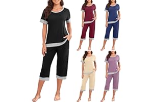 LUOLUOLUO Women's 2 Pieces Outfit Sale Clearance, Ladies Pyjamas Sets Short Sleeve T-Shirt Top + 3/4 Length Pants Bottoms Nightwear Summer Clothes Casual Loose Loungewear Patchwork Sleepwear Streetwear