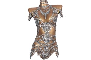 LUUMINGCM Sexy Stage Sparkly Rhinestone Bodysuits Luxury Women One Piece Stretch Sheer Mesh Short Dance Drag Queen Costume Nude