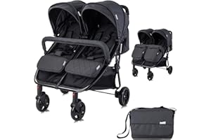 Lorelli Twin Pushchair Duo, Twin Pushchair Small Foldable for 2 Children, Very Light, Twin Pushchair Side by side, Siblings Pushchair Compact Folding, Black
