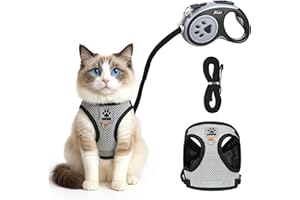 AUYAO Pettorina per Gatti con Guinzaglio – Set Antifuga Regolabile e Traspirante per Gatti Piccoli/Medi, Design Riflettente per Passeggiate Notturne, Comfortevole e Sicuro (Grigio-Nero, S)