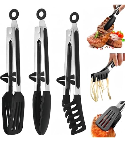 Set 3 Pinze Da Cucina In Acciaio Inox Con Punte In Silicone – Antigraffio, Termoresistenti 230°C, Con Blocco Ergonomico, Per Grigliare E Servire