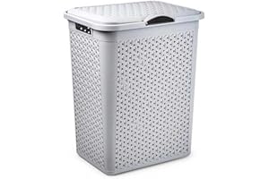 ACAN Tradineur - Cesto para Ropa Sucia con Tapa y Asas, pongotodo de plástico, Cubo para Colada, imitación de Mimbre, Fabricado en España (Gris Claro - 38 litros - 49 x 38,5 x 29,5 cm)