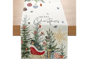 DOOFE Christmas Table Runner Trees Snowflakes, 230 x 33 CM White Linen Christmas Table Runners with Christmas Tree Snowflakes Pattern, Christmas Dining Table Runner for Winter Holiday Christmas Decorations