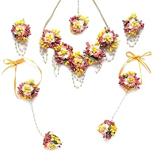 ZENEME White Pearl Beaded Gota Patti Floral Beaded Haldi & Mehendi Necklace With Earrings, Maang Tikka & Bracelet Jewellery Set For Girls and Women