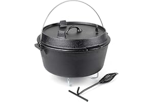 Wiltec Dutch Oven Marmite 9L en Fonte Dessous-plat Lève-couvercle Pied de support Fait-tout Pot Cocotte Feu de camp Camping Barbecue Grillade Friture Cuisson Extérieur