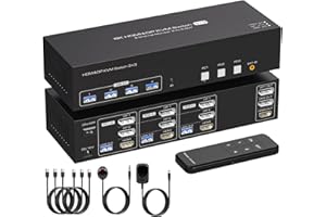 VPFET 8K60Hz HDMI+2 Displayport KVM Switch 3 pc 3 Monitor 4K144Hz KVM Switcher per 3 Computer che Condividono 3 Monitor e 4 Dispositivi USB 3.0 con 3 cavi USB e Adattatore DC12V
