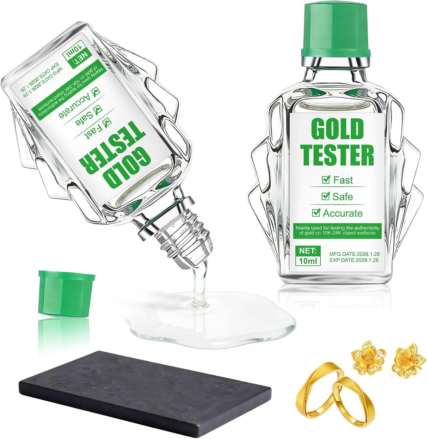 NoxGule Comprobador de Oro, Surtido de Reactivos de Prueba de Oro de 9K-24K, Solución de Análisis + Piedra de Toque, Fácil de Operar, Resultados Rápidos, Pruebas Confiables, 20ml