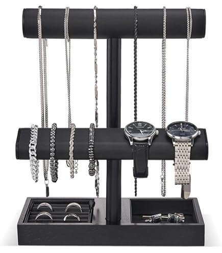 Papten houten horlogestandaard, horlogeopslag horlogehouder sieradenstandaard sieraden display voor 2 horloges (Zwart