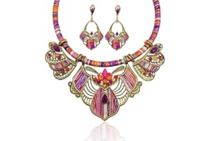 YAZILIND Women's Bohemian Necklace Earrings Tribal Novelty Jewelry Set Chunky Chain Bib Statement Multicolour Rainbow Beads Statement Necklace