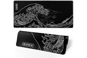 BRECOY Kanagawa Grand Tapis de Souris de Jeu Japonais avec Base en Caoutchouc antidérapant et imperméable avec Bords Cousus pour Jeu, Bureau, Maison, 80 x 30 cm (Vague Noire)
