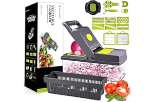 ALAMANIA Push Button Cleaner Advanced Vegetable Chopper, 14-in-1 Safe Chopper Cutter,Onion Chopper,Food Chopper,Vegetable Slicer,Kitchen Gadgets, Dicer, Transparent, Green, Black (PBVC01)