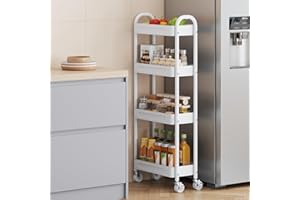 ZHYOCOGY Slim Metal Storage Trolley, Narrow Rolling Cart with Wheels, 18cm Wide Utility Rack for Bathroom, Kitchen, Laundry, Toilet Side, Carbon Steel Organizer with Mesh Baskets (White, 4 tTier)