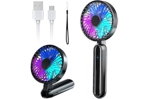 VersionTech Hand Held Fan with Color Light, 5 Speed Hand Fan,Portable Foldable USB Fan Table Fan with Rechargeable Battery Operated Electric Fan for Travel Office Room Household-Black