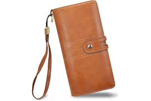 FuninCrea Portefeuille Femme Grand Format Porte Carte avec Dragonne Amovible et Fenêtre d'Identification, Longues Porte Monnaie Femme avec 12 Fentes pour Cartes et 2 Compartiments (Marron)