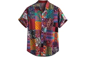 Yowablo Chemise Chemisier Homme Coloré Été Manches Courtes Boutons Lâches Hawaïen Décontracté