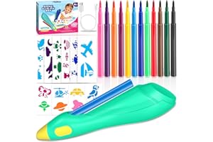 ZZXLOPEZ Airbrush Set für Kinder, Elektrischer Farbsprühstift, Airbrush-Stift für Kinder, 12 Farben zum Sprühen, 30 Schablonen, Sprüh-Graffiti-Stifte, Airbrushset, Geschenke für Kinders (Cyan)