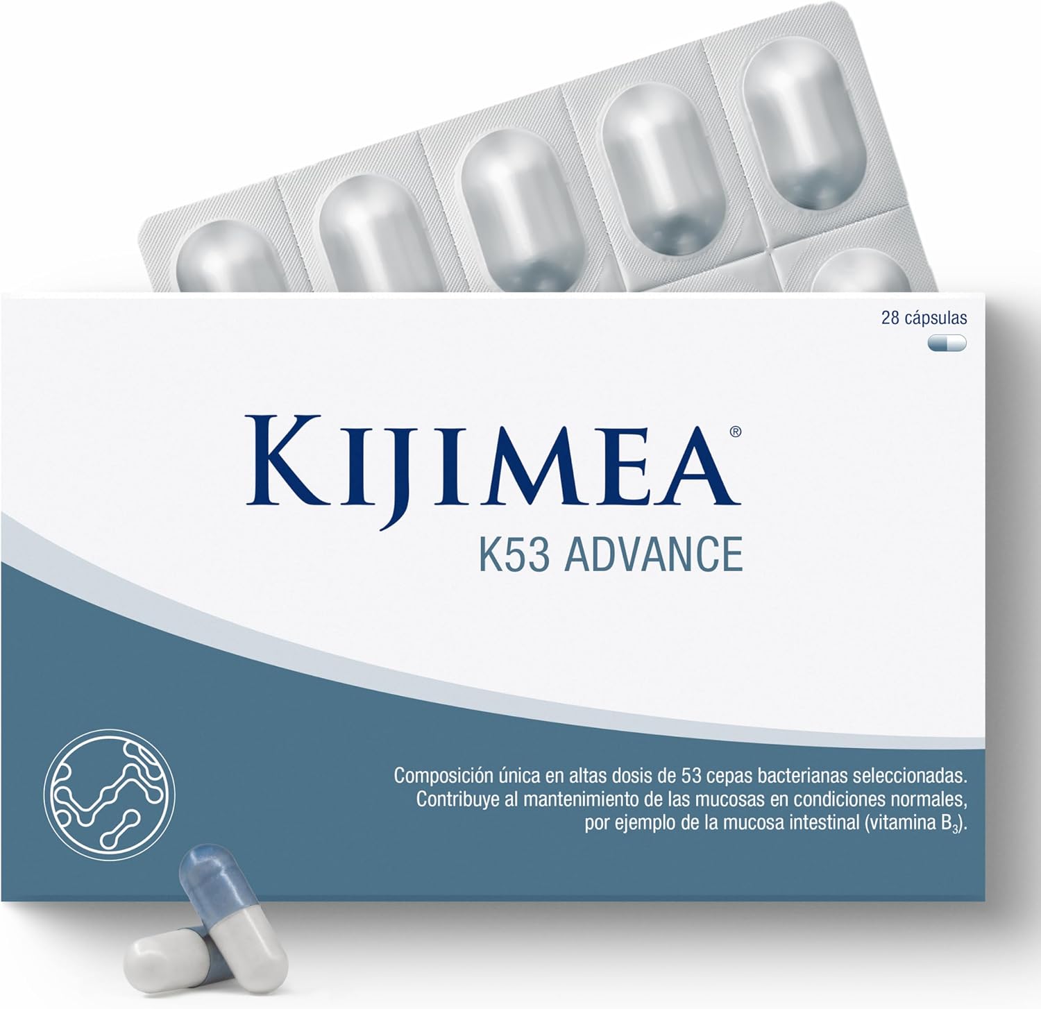 Kijimea K53 Advance - Cápsulas de bacterias intestinales de alta dosis, 53 cepas de microcultivos seleccionadas de la flora intestinal, con biotina, >500 mil millones de UFC por paquete - 28 cápsulas