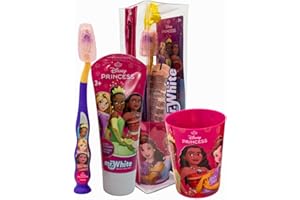 MR WHITE Mr.White Princess - Juego de bolsa para niños - Cepillo de dientes con ventosa en la base, cubierta de cerdas, pasta de dientes para niños con sabor a menta, formato de 75 ml y cristal