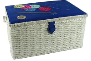 Sewing Online Large Sewing Basket,White with Navy Embroidered Buttons Lid | 32 x 25 x 20cm | Storage & Organiser Box with Compartments for Sewing Supplies/Accessories - FL-012