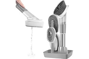 Homtronics Juego de Cepillo de dispensador de jabón, 4 in 1 Grips Cepillo con dispensador de jabón con Soporte, 3 Recambio del Cabezal, Limpieza de Cocina para Fregar Platos, Ollas o Sartenes