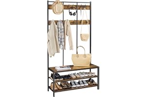 Yaheetech Stand Appendiabiti Attaccappani con Panca Scarpiera da Ingresso in Legno e Metallo Mobile Autoportante Portabiti da Entrata Mobile da Terra Corridoio con Ripiani e 12 Ganci Marrone Rustico
