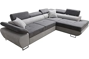 ROBIN INSPIRE Robin Saturn Premium Divano angolare con funzione letto cassetto per biancheria e cuscini Poggiatesta regolabili stile moderno grigio scuro e chiaro angolo a destra 272 x 200 x 90