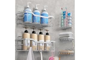 LAIMEW Duschablage Ohne Bohren, 5 Stück Badezimmer Organizer, Duschregal Ohne Bohren, Bad Organizer Badezimmer Regal Silber aus SUS304 Edelstahl, Badregal Duschkorb Shampoo Halterung für Dusche