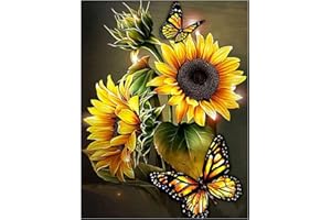 AIRDEA 5D Diamond Carft Painting Kits for Adults, DIY Sunflowers Diamond Carft Painting Kits, Round Full Drill Flowers Diamond Art Kits Butterfly Gem Painting Art Animals for Home Wall Decor 12x16inch