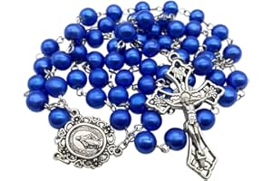 Nazareth Store Chapelet catholique avec perles de verre bleues et médaille miraculeuse et croix NS - Pochette en velours