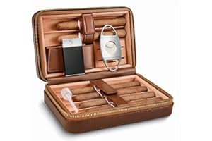 LEACHOI Leder Zigarren Reise Humidor, Zigarrentasche mit Feuerzeug und zigarrenschneider, Zigarren Zubehör Set, Zigarren Geschenkset - Hält bis zu 6 Zigarren - Braun