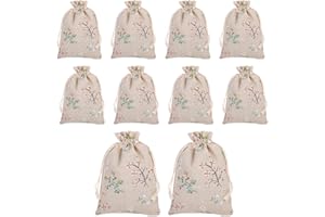 PEXIVOZ 10 Pezzi di Naturale Borsa di Lino e Cotone, Sacchi con Coulisse per Gioielli, Stoffa Stampa Sacchetti Regalo in Juta