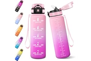 Baramumu Borraccia, 1000ML Senza BPA, Con Paglia, Borraccia Acqua, Bottiglia d'acqua Motivazionale con Indicatore del Tempo, Bottiglia con Cannuccia per Palestra - Rosa chiaro&Rosato