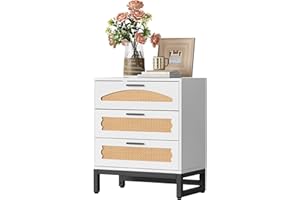 Mericonia 3 Drawers Rattan Dresser, Natural Rattan Chest of Drawers with 3 Drawers, Bedroom Storage Cabinet with Sturdy Handles and Feet, Suitable for Bedroom, Living Room, Hallway, Entryway, White
