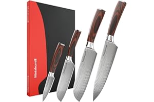 Matakumi couteau cuisine japonais inspiré set avec motif damassé gravé, lames en acier au carbone avec manche ergonomique pour un confort durable, 4 pièces couteau cuisine professionnel