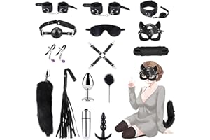 Qoosea SM Bondage Kit 15 Piezas, BDSM Restraints Kits Erótico Set Juguetes Sexuales Plug Anal con Cola de Zorro Butt Plug Set para Parejas, Bondage Set Esposas para Principiantes y Experimentados