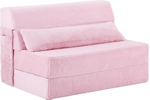 SESHINELL Folding Mattress with Pillow, Twin Size Fold Out Sofa Chair Z Bed with Plush Cover & Storage Side Pocket, Floor Mattress Lounger for Guest Room, Living Room, Dorm, Home Office, Pink