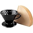 Roponan Ceramic Pour Over Coffee Dripper, Porcelain Cone Filter with 80 Paper Filters for Home, Cafe, Restaurants (Black)